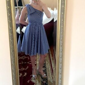 Eliza J One Shoulder Blue and White Striped Dress